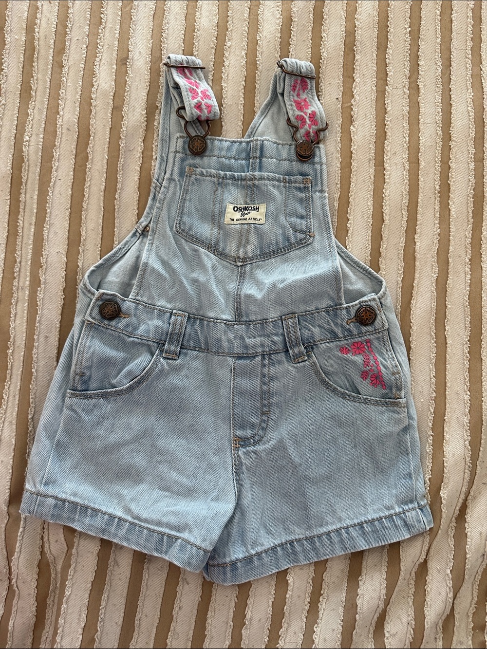 OshKosh B'gosh Light Blue Denim Shortalls with Pink Floral Embroidery
